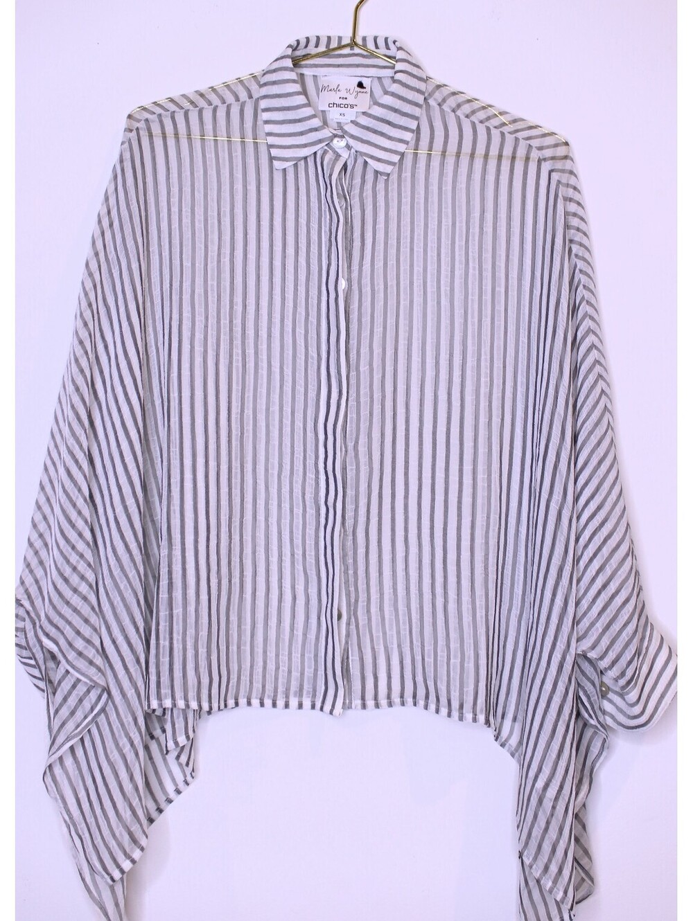 Gray White Striped Bat Wing Sheet Button Down Blouse - XS